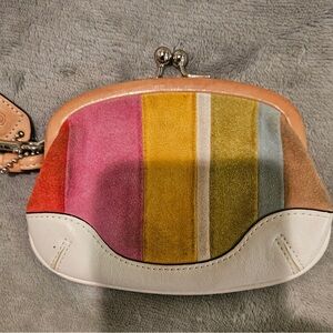 Coach Multicolor Striped Suede Coin Purse with White and Tan Trim